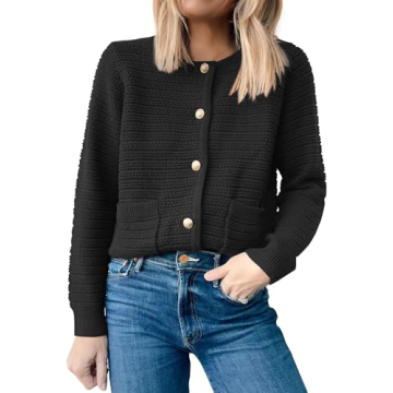 ANRABESS Women's Tweed Knit Cardigan Sweater Casual Long Sleeve Cropped Button Down Lady Jackets 2024 Fall Fashion Outwear Black Medium