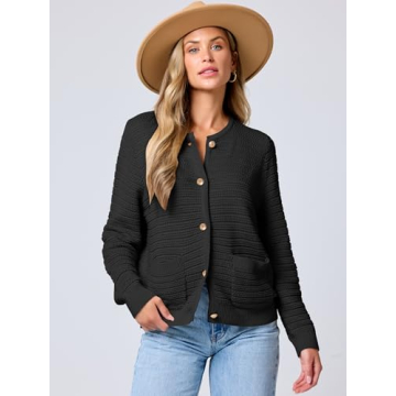 ANRABESS Women's Tweed Knit Cardigan Sweater Casual Long Sleeve Cropped Button Down Lady Jackets 2024 Fall Fashion Outwear Black Medium