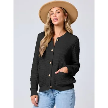 ANRABESS Women's Tweed Knit Cardigan Sweater Casual Long Sleeve Cropped Button Down Lady Jackets 2024 Fall Fashion Outwear Black Medium