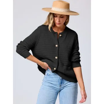 ANRABESS Women's Tweed Knit Cardigan Sweater Casual Long Sleeve Cropped Button Down Lady Jackets 2024 Fall Fashion Outwear Black Medium