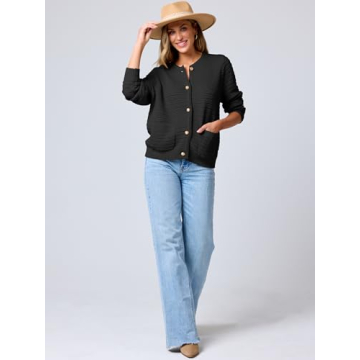 ANRABESS Women's Tweed Knit Cardigan Sweater Casual Long Sleeve Cropped Button Down Lady Jackets 2024 Fall Fashion Outwear Black Medium