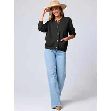 ANRABESS Women's Tweed Knit Cardigan Sweater Casual Long Sleeve Cropped Button Down Lady Jackets 2024 Fall Fashion Outwear Black Medium