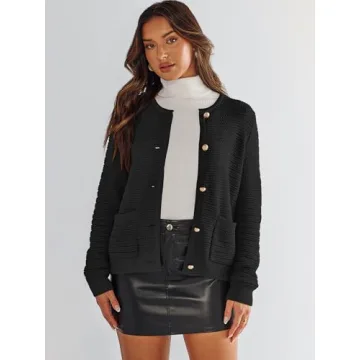 ANRABESS Women's Tweed Knit Cardigan Sweater Casual Long Sleeve Cropped Button Down Lady Jackets 2024 Fall Fashion Outwear Black Medium