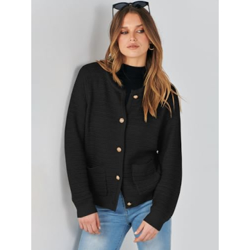 ANRABESS Women's Tweed Knit Cardigan Sweater Casual Long Sleeve Cropped Button Down Lady Jackets 2024 Fall Fashion Outwear Black Medium