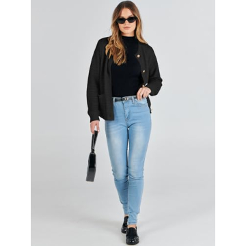 ANRABESS Women's Tweed Knit Cardigan Sweater Casual Long Sleeve Cropped Button Down Lady Jackets 2024 Fall Fashion Outwear Black Medium