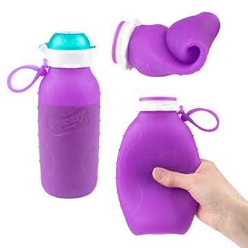 Purple 16 oz Squeasy Snacker Spill Proof Silicone Reusable Food Pouch - for Both Soft Foods and Liquids - Water, Apple Sauce, Yogurt, Smoothies, Baby Food - Dishwasher Safe