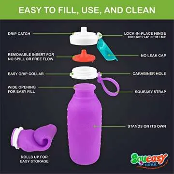 Purple 16 oz Squeasy Snacker Spill Proof Silicone Reusable Food Pouch - for Both Soft Foods and Liquids - Water, Apple Sauce, Yogurt, Smoothies, Baby Food - Dishwasher Safe