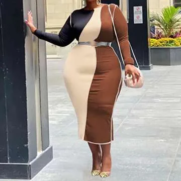 Plus Size Color Block Ribbed Bodycon Dress for Women