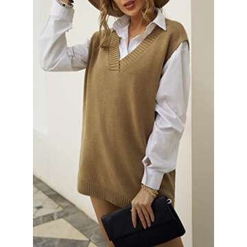 EVALESS Womens Oversized Sweater Vest Womens V Neck Sleeveless Brown Knit Sweaters Fall Spring 2025 Solid Color Irregular Hem Loose Pullover Sweater XX-Large