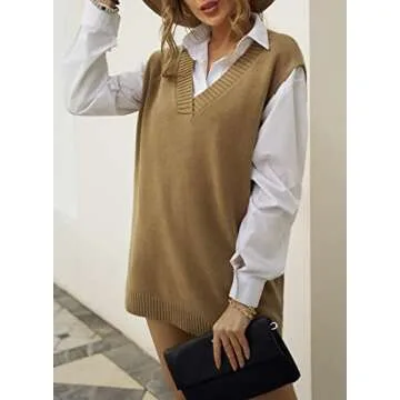 EVALESS Womens Oversized Sweater Vest Womens V Neck Sleeveless Brown Knit Sweaters Fall Spring 2025 Solid Color Irregular Hem Loose Pullover Sweater XX-Large