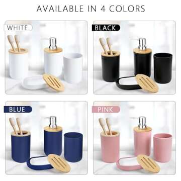 CERBIOR Bamboo Bathroom Accessory Set, 6 Pieces Bath Set- Soap Dish Toothbrush Holder Rinse Cup Lotion Bottle Trash Can Toilet Brush - Practical Toilet Kit for Home Washing Room,White