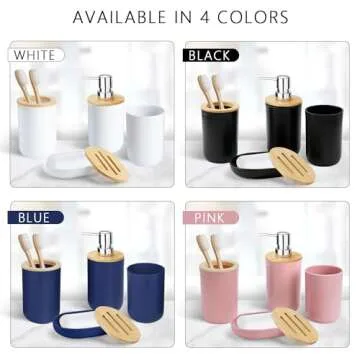 CERBIOR Bamboo Bathroom Accessory Set, 6 Pieces Bath Set- Soap Dish Toothbrush Holder Rinse Cup Lotion Bottle Trash Can Toilet Brush - Practical Toilet Kit for Home Washing Room,White