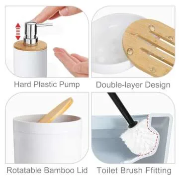 CERBIOR Bamboo Bathroom Accessory Set, 6 Pieces Bath Set- Soap Dish Toothbrush Holder Rinse Cup Lotion Bottle Trash Can Toilet Brush - Practical Toilet Kit for Home Washing Room,White
