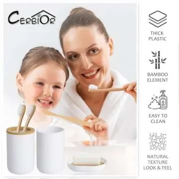 CERBIOR Bamboo Bathroom Accessory Set, 6 Pieces Bath Set- Soap Dish Toothbrush Holder Rinse Cup Lotion Bottle Trash Can Toilet Brush - Practical Toilet Kit for Home Washing Room,White