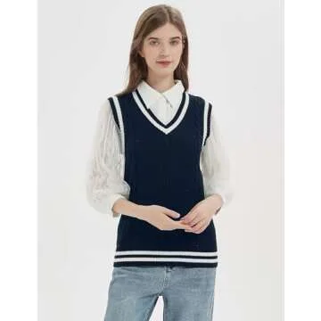 Gihuo Women's V Neck Trendy Sweater Vest - Cable Knit Sleeveless Pullover in Navy