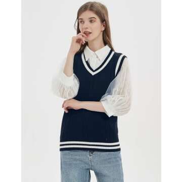 Gihuo Women's V Neck Trendy Sweater Vest Cable Knit Sleeveless Sweater Preppy Style Pullover Sweater Vest (Navy, X-Small)