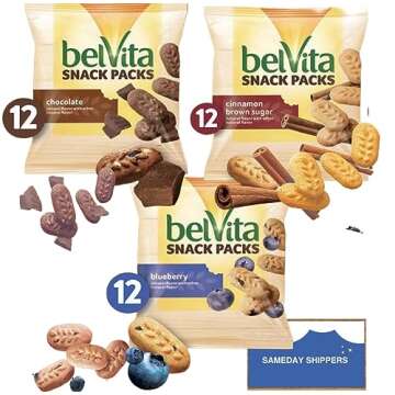 BelVita Breakfast Biscuits Variety Packs | 3 Natural Flavors - 12 Chocolate belVita Snack Packs, 12 Cinnamon Brown Snack Packs, and 12 Blueberry Snack Packs | Sameday Shippers Offers Free SameDay Shippers Branded Bag Clip