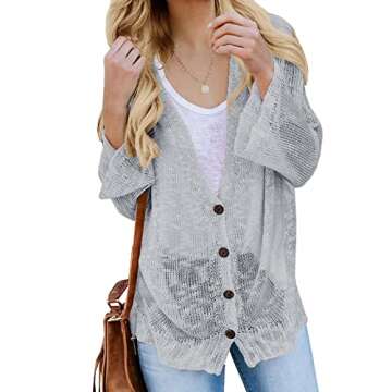 Misassy Womens Summer Boho Button Down Knit Sheer Cardigans Blouse Loose Lightweight Sweater Coat Grey