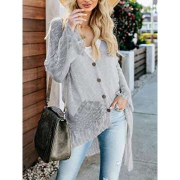 Misassy Womens Summer Boho Button Down Knit Sheer Cardigans Blouse Loose Lightweight Sweater Coat Grey