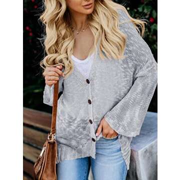 Misassy Womens Summer Boho Button Down Knit Sheer Cardigans Blouse Loose Lightweight Sweater Coat Grey