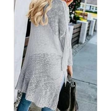 Misassy Womens Summer Boho Button Down Knit Sheer Cardigans Blouse Loose Lightweight Sweater Coat Grey