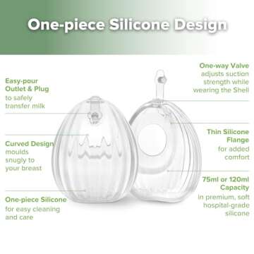 haakaa Shell Wearable Silicone Breast Pump - Silicone Hands Free Breast Pump - Passive Breast Milk Collector Shell for Newborns - Breastfeeding Essentials - 2.5oz/75ml,1 Count