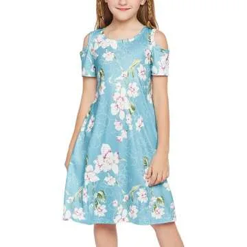 Girls Casual Summer Dress - Cold Shoulder & Pockets