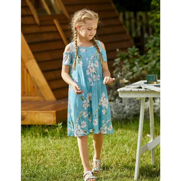 Girls Casual Summer Dress - Cold Shoulder & Pockets