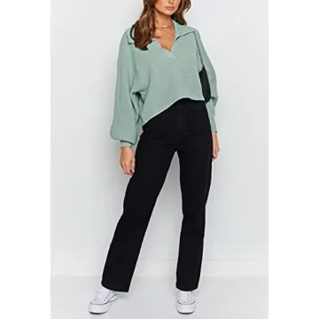 Stylish Meenew Women's Lantern Sleeve Ribbed Sweater