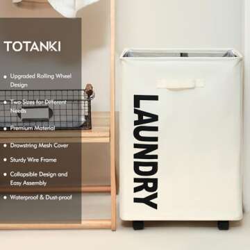 TOTANKI 22" X-Large Rolling Laundry Basket with Handle on Wheels, Foldable Laundry Hamper, Collapsible Laundry Sorter and Organizer, Tall Storage Basket Bin (Beige)