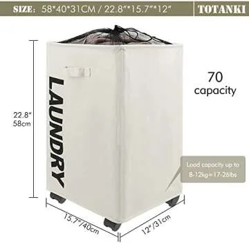 TOTANKI 22" X-Large Rolling Laundry Basket with Handle on Wheels, Foldable Laundry Hamper, Collapsible Laundry Sorter and Organizer, Tall Storage Basket Bin (Beige)