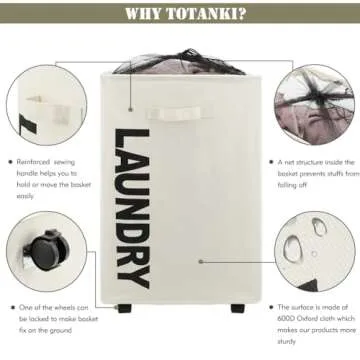 TOTANKI 22" X-Large Rolling Laundry Basket with Handle on Wheels, Foldable Laundry Hamper, Collapsible Laundry Sorter and Organizer, Tall Storage Basket Bin (Beige)