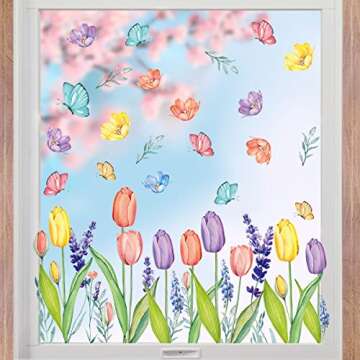 Horaldaily 67 PCS Spring Summer Window Cling Sticker, Tulip Butterfly Flower Window Decal for Home Party Supplies Shop Window Glass Display Decoration