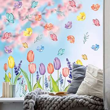 Horaldaily 67 PCS Spring Summer Window Cling Sticker, Tulip Butterfly Flower Window Decal for Home Party Supplies Shop Window Glass Display Decoration