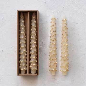 Creative Co-Op Golden-Tipped Elegance Tree Shaped Taper Candles, Eggnog Color, Set of 2