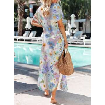 Dokotoo Womens Summer Beach Button Down Kimonos Long Cardigan Short Sleeve Side Split Casual Floral Print Loose Fit Bathing Suit Swimsuit Cover Ups for Women X-Large