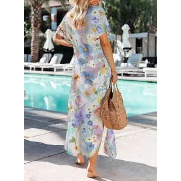 Dokotoo Womens Summer Beach Button Down Kimonos Long Cardigan Short Sleeve Side Split Casual Floral Print Loose Fit Bathing Suit Swimsuit Cover Ups for Women X-Large