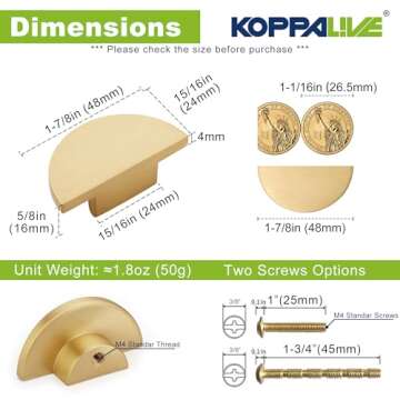 KOPPALIVE 5 Pack Solid Brass Dresser Drawer Pulls,Semicircle Kitchen Cabinet Knobs and Handles, Gold Knobs for Cabinet and Drawer, Modern Copper Furniture Handles, Brushed Finish Furniture Hardware