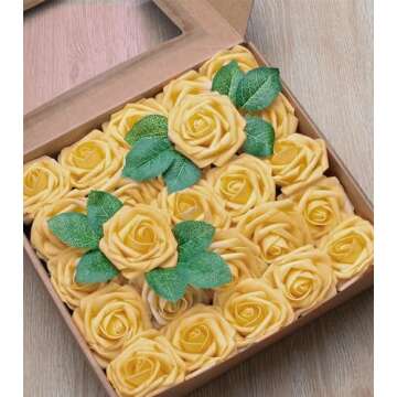 Jelofly Artificial Flowers Creamsicle Yellow Roses 50pcs Real Looking Fake Flowers Foam Roses w/Stem...