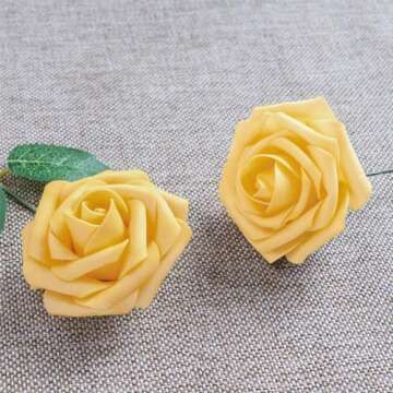 Jelofly Artificial Flowers Creamsicle Yellow Roses 50pcs Real Looking Fake Flowers Foam Roses w/Stem DIY Wedding Bouquets Centerpieces Baby Shower Party Home Decorations