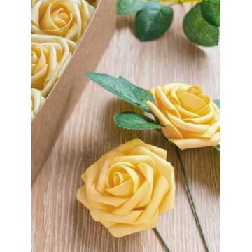 Jelofly Artificial Flowers Creamsicle Yellow Roses 50pcs Real Looking Fake Flowers Foam Roses w/Stem DIY Wedding Bouquets Centerpieces Baby Shower Party Home Decorations