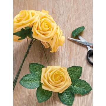 Jelofly Artificial Flowers Creamsicle Yellow Roses 50pcs Real Looking Fake Flowers Foam Roses w/Stem DIY Wedding Bouquets Centerpieces Baby Shower Party Home Decorations