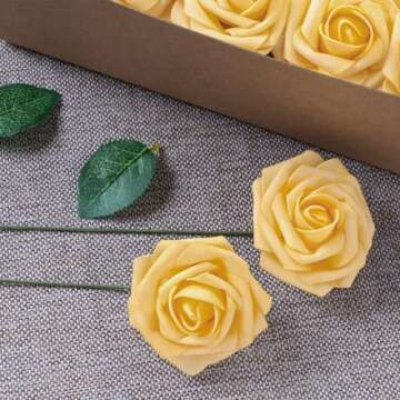 Jelofly Artificial Flowers Creamsicle Yellow Roses 50pcs Real Looking Fake Flowers Foam Roses w/Stem DIY Wedding Bouquets Centerpieces Baby Shower Party Home Decorations