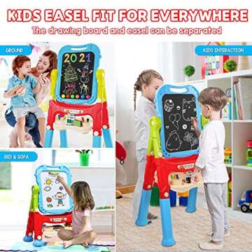 Mojitodon Easel for Kids,Rotatable Double Sided Adjustable Standing Art Easel with Painting Accessories for Toddlers Boys and Girls-Blue