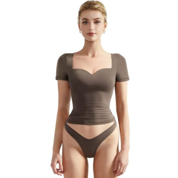 SUUKSESS Women Double Lined Fitted Basic Tee Shirts Sweetheart Neckline Short Sleeve Y2K Going Out C...