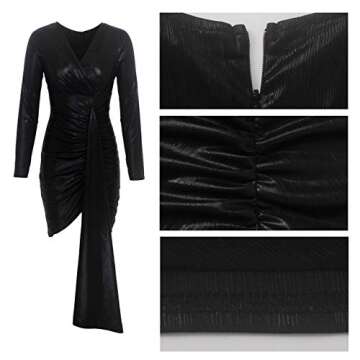 BestGirl Women's Sexy Dress Deep V Neck Long Sleeve Ruched Sparkly Bodycon Club Mini Dresses (XX-Large, Black)