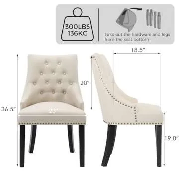 LSSBOUGHT Dining Chairs Set of 2 Padded Studded Armchairs Upholstered Tufted Accent Chairs with Black Solid Wooden Legs Nailed Trim Living Room Chairs for Home Kitchen Bedroom, Beige