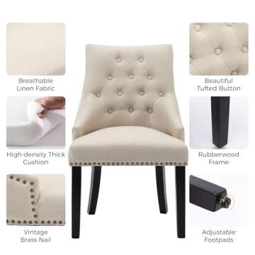 LSSBOUGHT Dining Chairs Set of 2 Padded Studded Armchairs Upholstered Tufted Accent Chairs with Black Solid Wooden Legs Nailed Trim Living Room Chairs for Home Kitchen Bedroom, Beige