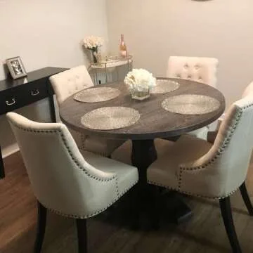 LSSBOUGHT Dining Chairs Set of 2 Padded Studded Armchairs Upholstered Tufted Accent Chairs with Black Solid Wooden Legs Nailed Trim Living Room Chairs for Home Kitchen Bedroom, Beige