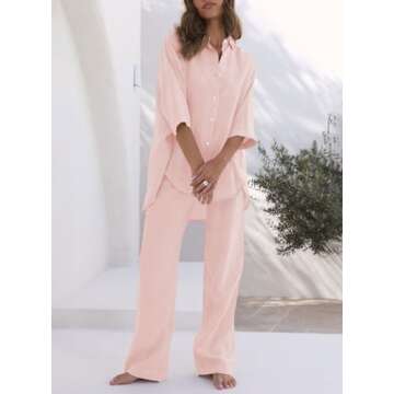 RAISECOM Women's 2 Piece Outfits Sets Button Down Half Sleeve Shirts and Long Pants Summer Casual Va...